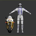 Yellow Racing Motorcycle With Rider In White And Blue Racing Suit Helmet