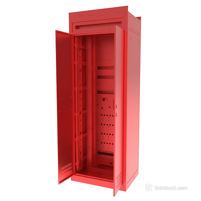 Red Server Cabinet With Open Door Interior Shelves And Holes Design 3d model 