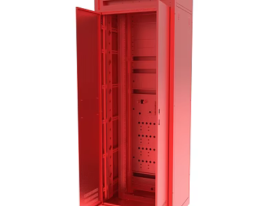 Red Server Cabinet With Open Door Interior Shelves And Holes Design 3d model