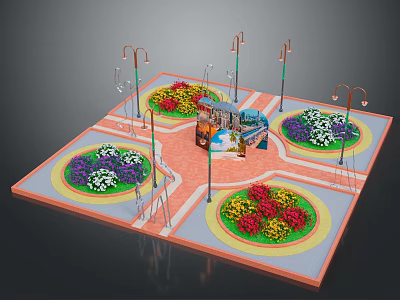 Colorful Flower Plants In Circular Beds At Urban Square With Street Lamps And Paved Paths 3d model