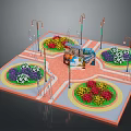 Colorful Flower Plants In Circular Beds At Urban Square With Street Lamps And Paved Paths