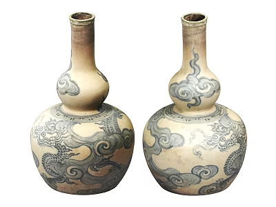 Two Traditional Gourd Shaped Ceramic Vessels With Dragon And Cloud Patterns 3d model
