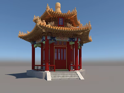 Traditional Chinese Ancient Architecture With Golden Roof Red Pillars And Intricate Carvings 3d model