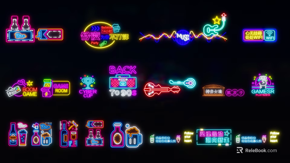 Neon Decorative Lights with Vibrant Colors Various Designs Including Stars Musical Notes for Modern Interior 3d model 