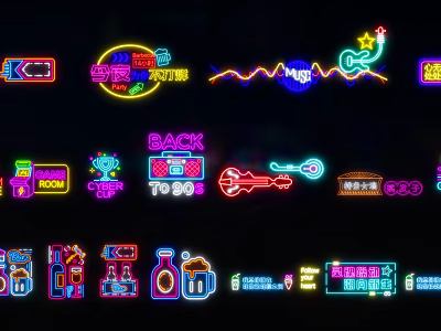 Neon Decorative Lights with Vibrant Colors Various Designs Including Stars Musical Notes for Modern Interior 3d model
