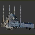 Traditional Islamic Mosque Architecture With Blue Main Dome Multiple Domes And Four Minarets