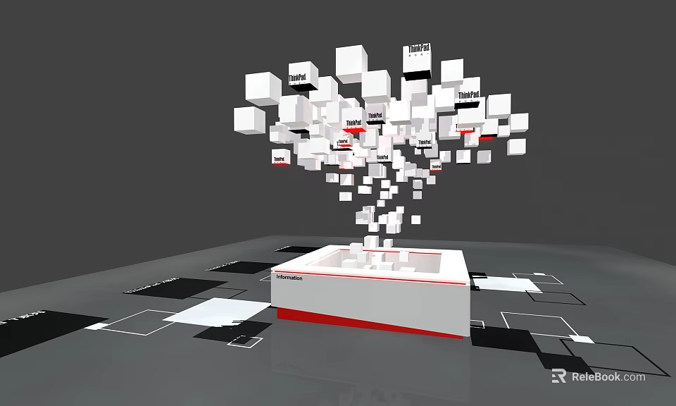 Suspended White Cubes Art Installation With Red Accented Base And Modern Design 3d model
