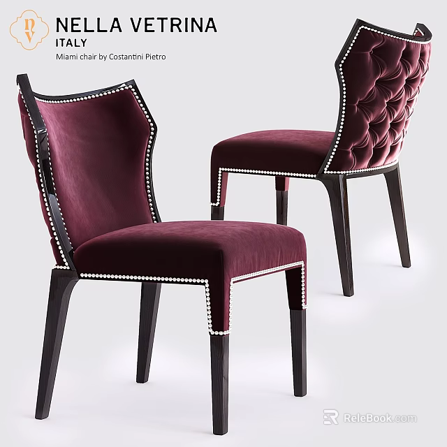 Elegant Burgundy Velvet Stool With Rivet Decor And Sturdy Wooden Legs Design 3d model 