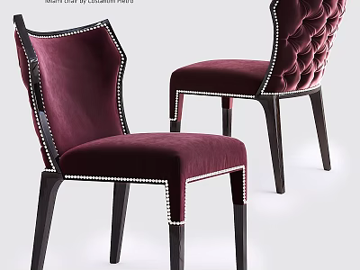 Elegant Burgundy Velvet Stool With Rivet Decor And Sturdy Wooden Legs Design 3d model