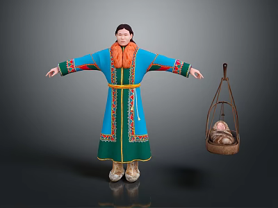 Traditional Ornate Blue Green Robed Character With Hanging Basket Holding Small Creature 3d model