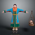 Traditional Ornate Blue Green Robed Character With Hanging Basket Holding Small Creature