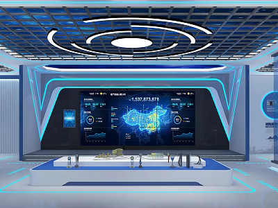 Modern Tech Exhibition Hall With Large Data Screen Display Platform Blue Lighting And Circular Ceiling 3d model