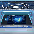Modern Tech Exhibition Hall With Large Data Screen Display Platform Blue Lighting And Circular Ceiling 3d model