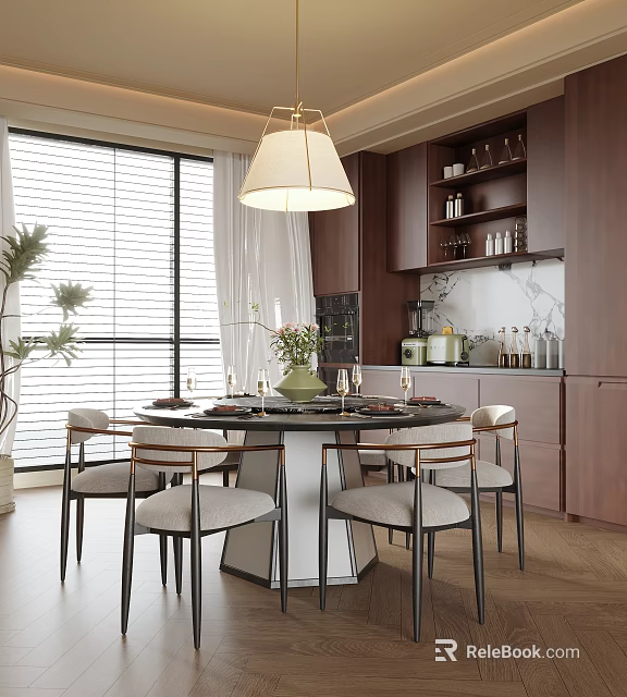 Modern Restaurant Interior With Round Dining Table Gray Chairs Pendant Light And Open Kitchen 3d model