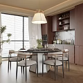 Modern Restaurant Interior With Round Dining Table Gray Chairs Pendant Light And Open Kitchen 3d model