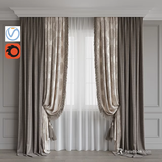 Elegant Classic Curtains With Sheer Layers Tassel Tiebacks And Pleated Window Design For Interior Decor 3d model 