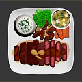 Plated Food With Herbed Rice Sliced Red Meat Carrots And Soup