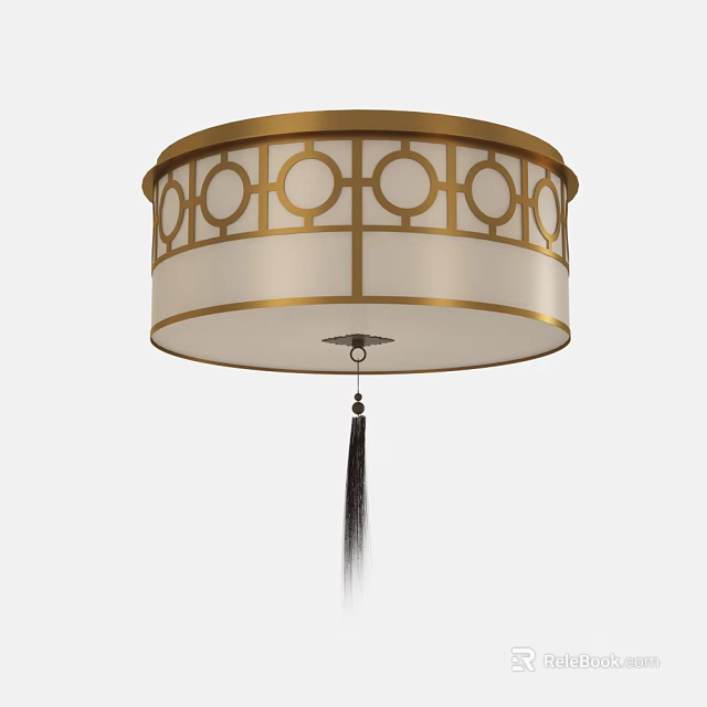 Elegant Ceiling Light With Gold Frame Circular Patterns Beige Lampshade And Tassel 3d model