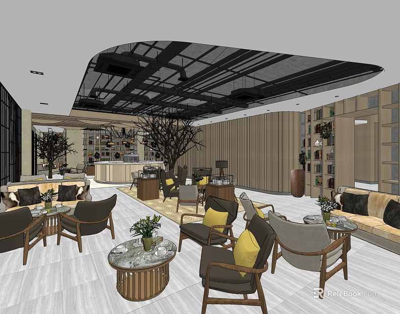 Modern Sales Office Interior Design With Comfortable Sofas Tables Chairs And Green Plants 3d model 