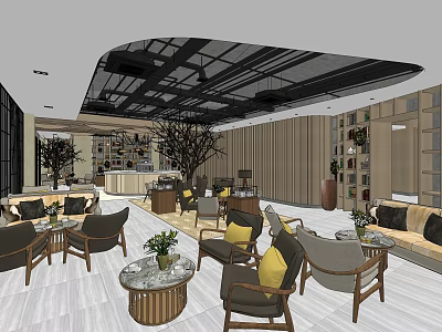 Modern Sales Office Interior Design With Comfortable Sofas Tables Chairs And Green Plants 3d model