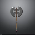 Double Bladed Battle Axe With Silver Blades Wooden Handle Red Accents And Gemstone