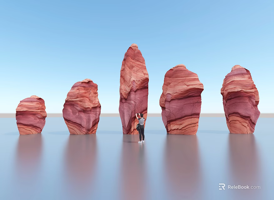 Red Stone Formations and Wooden Elements with Person Standing by Water Surface Under Blue Sky 3d model 