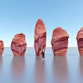 Red Stone Formations and Wooden Elements with Person Standing by Water Surface Under Blue Sky