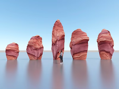 Red Stone Formations and Wooden Elements with Person Standing by Water Surface Under Blue Sky 3d model
