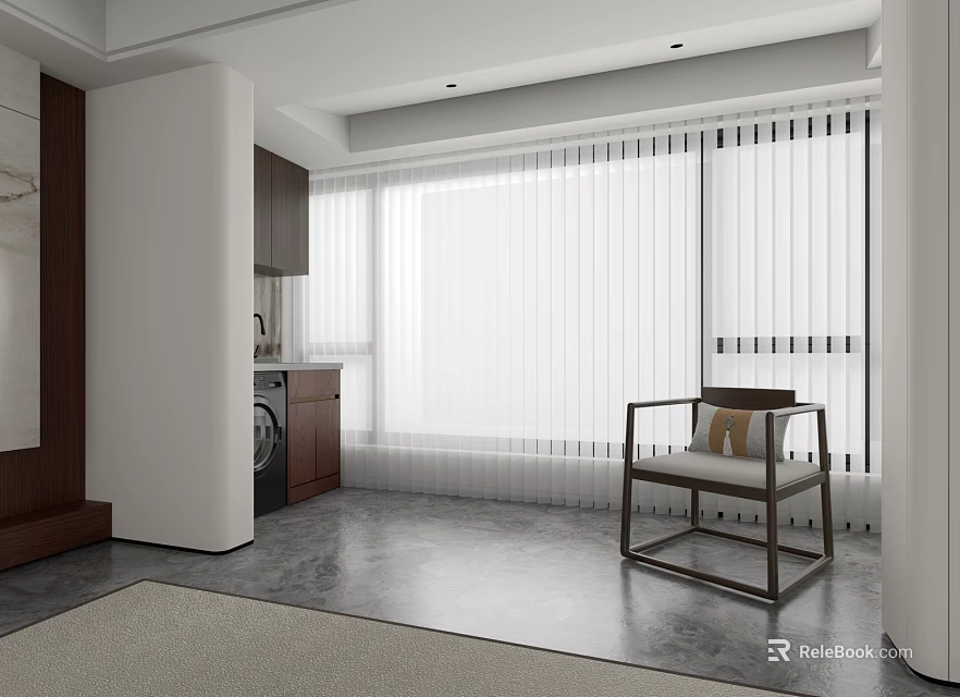 Modern Interior Featuring Washing Machine In Kitchen Area With Cabinets And Window Blinds 3d model 