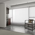 Modern Interior Featuring Washing Machine In Kitchen Area With Cabinets And Window Blinds