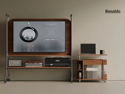 Bonaldo Wooden Frame Media System With Screen Laptop Coffee Cup And Shelves 3d model