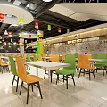 Supermarket Interior With Red White Checkout Counters Hanging Promotion Signs Customers Shopping Shelves And Escalators