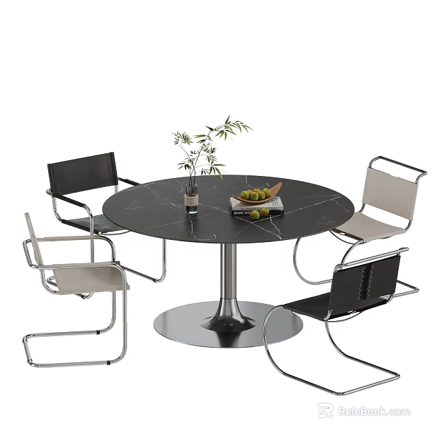 Modern Black Round Dining Table with Metal Frame Chairs and Vase Fruit Plate 3d model 