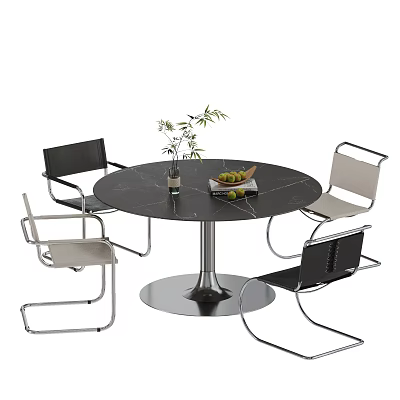 Modern Black Round Dining Table with Metal Frame Chairs and Vase Fruit Plate 3d model
