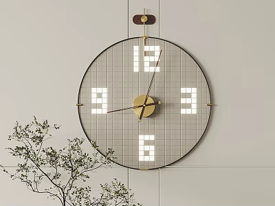 Modern Wall Clock With Gold Hands White Numbers Grid On Light Wall And Green Plant 3d model