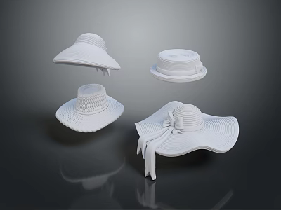 Four Different Styles of White Hats With Wide Brim and Decorative Details 3d model