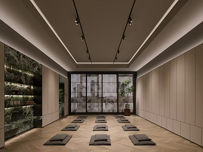 Serene Yoga Space Interior Design With Arranged Mats Grille Windows And Potted Plants 3d model