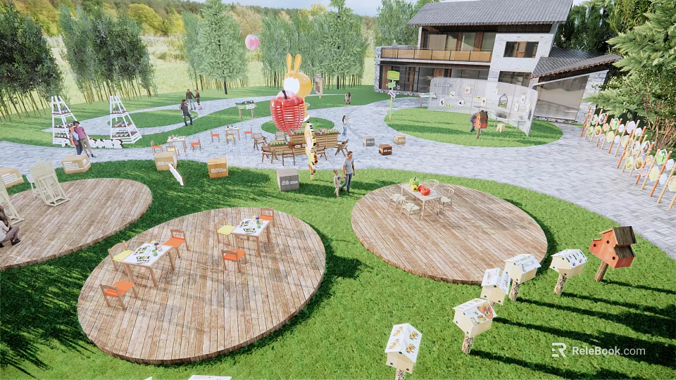 Park Landscape With Wooden Circular Platforms Tables Chairs Green Grass And Building 3d model 