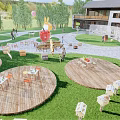 Park Landscape With Wooden Circular Platforms Tables Chairs Green Grass And Building