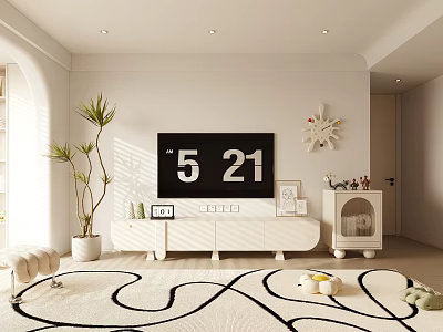Modern Living Room Interior Design With White TV Cabinet Green Plant And Wavy Rug 3d model