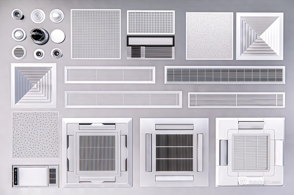 Various Modern Air Conditioner Vents With Different Grille Designs And Styles 3d model 
