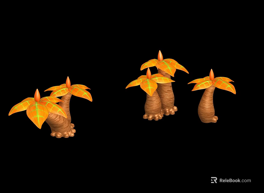 Three Decorative Plants With Yellow And Orange Leaves Brown Trunks And Root Like Bases 3d model 