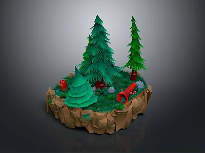 Miniature Forest Scene With Rocky Base Pine Trees Red Mushrooms And Stones 3d model