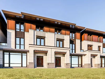 Modern Traditional Townhouse Exterior With Gabled Roof Large Windows And Front Lawn 3d model