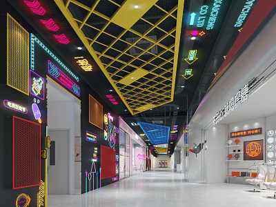 Elegant Modern Elevator Hallway With Neon Lights And Colorful Decorative Design 3d model