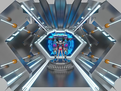 Futuristic Activity Passage with Central Character On Platform And Metallic Structures Blue Luminous Elements 3d model