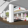 Modern Shopping Mall Lobby With White Columns Marble Wooden Flooring Escalator And Seating Area