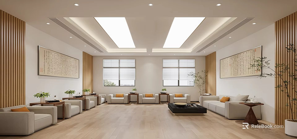 Spacious Modern Conference Room Interior With Sofas Coffee Tables Wall Paintings And Lighting 3d model 