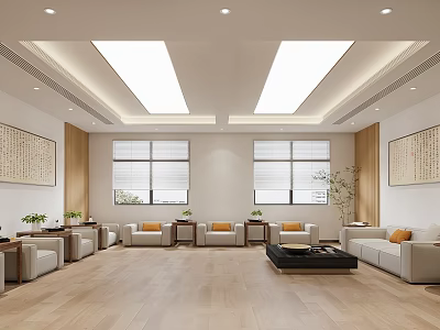 Spacious Modern Conference Room Interior With Sofas Coffee Tables Wall Paintings And Lighting 3d model