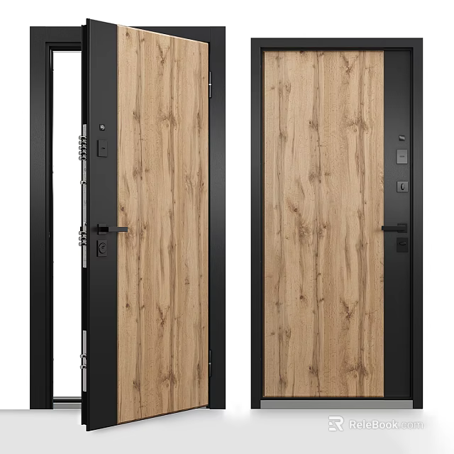 Wooden Texture Swing Door with Black Frame and Modern Design 3d model 